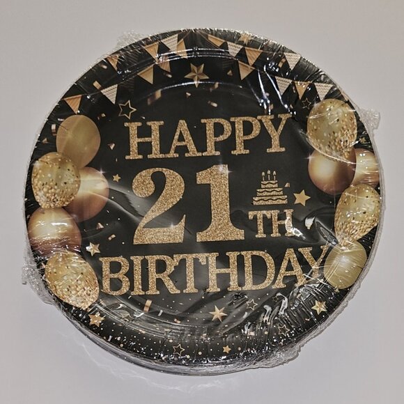 NEW Happy 21th 21st 21 Birthday Party Decor Plates Napkins Forks Lot Black Gold - Picture 5 of 11